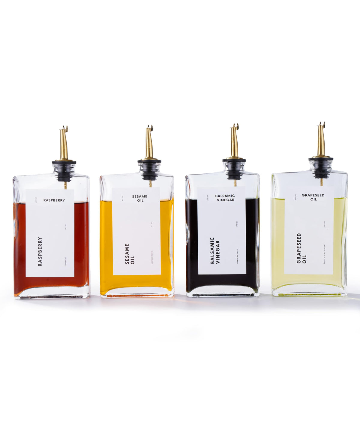APT 1101 Olive Oil Dispenser for Kitchen, Cooking Oil and Vinegar Dispenser Set, Olive Oil Bottle, Soy sauce dispenser, coffee syrup bottles with stainless steel pourers (Gold, Set of 4)