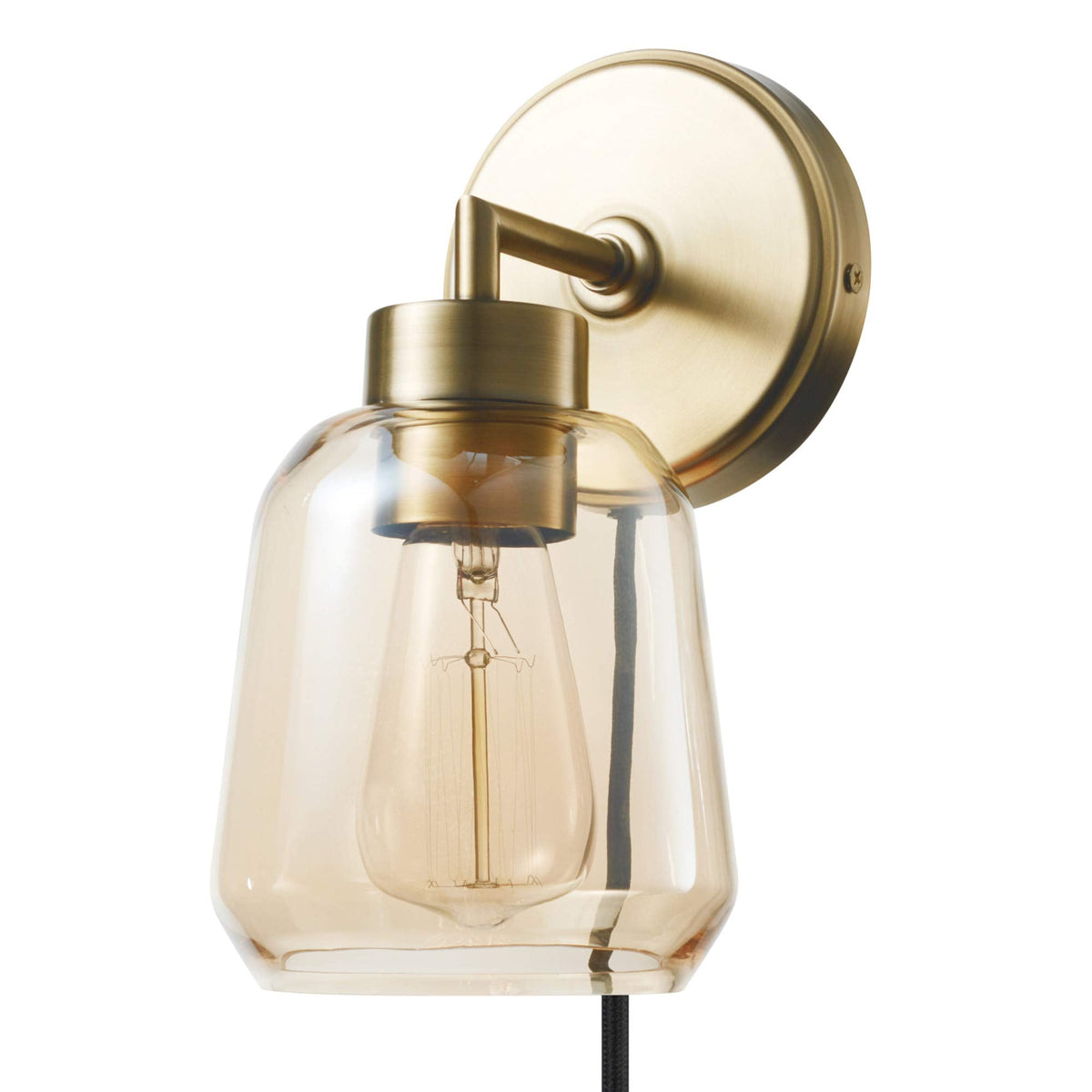Globe Electric 51715 1-Light Plug-in or Hardwire Wall Sconce, Matte Brass, Smoked Amber Glass Shade, Black Fabric Cord, in-Line On/Off Switch, Bedroom, Living Room, Mounted Bedside Lamp