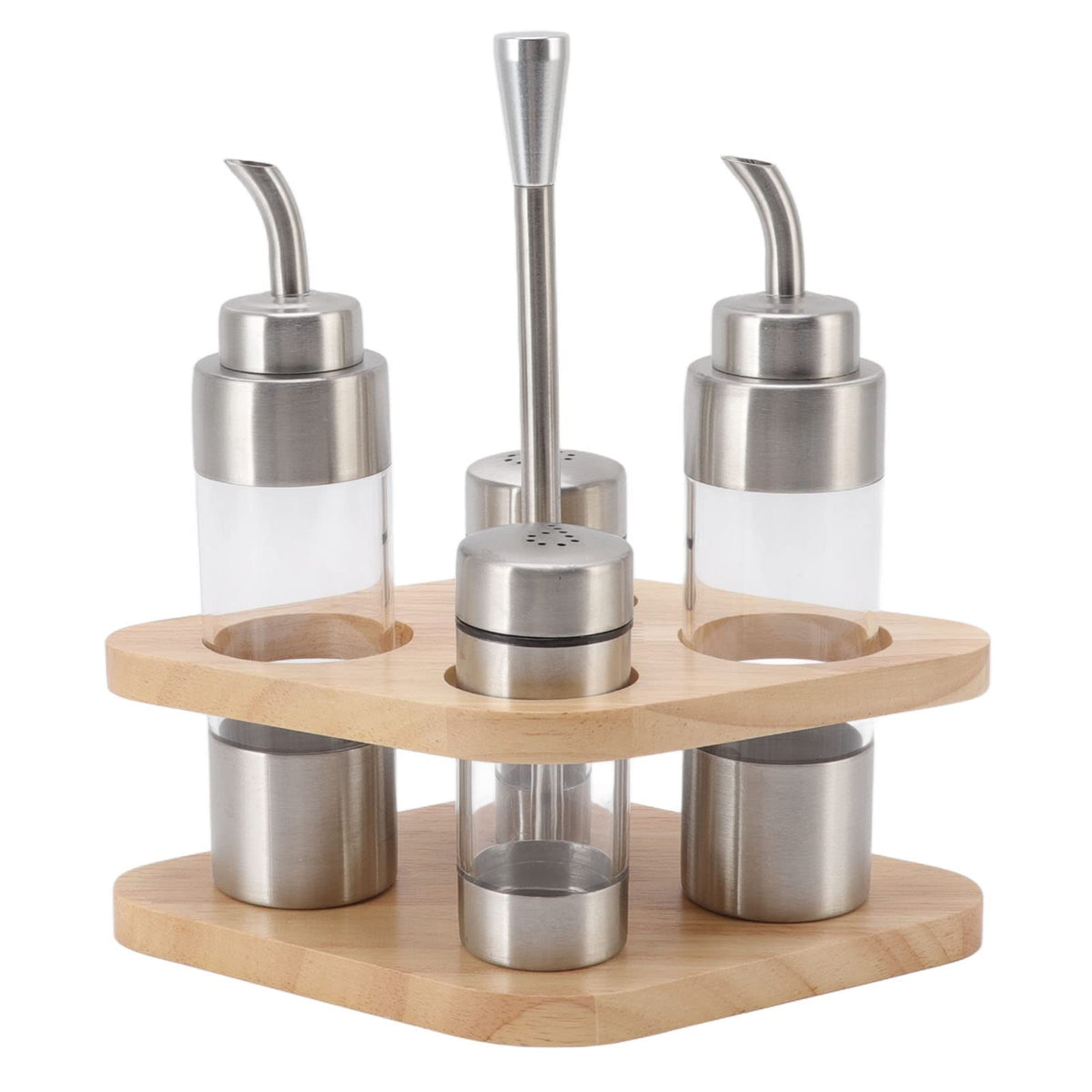 4-Pack Stainless Steel Kitchen Dispenser Set with Wooden Holder - Precision Olive Oil, Vinegar, Salt & Pepper Bottles for Home & Restaurants