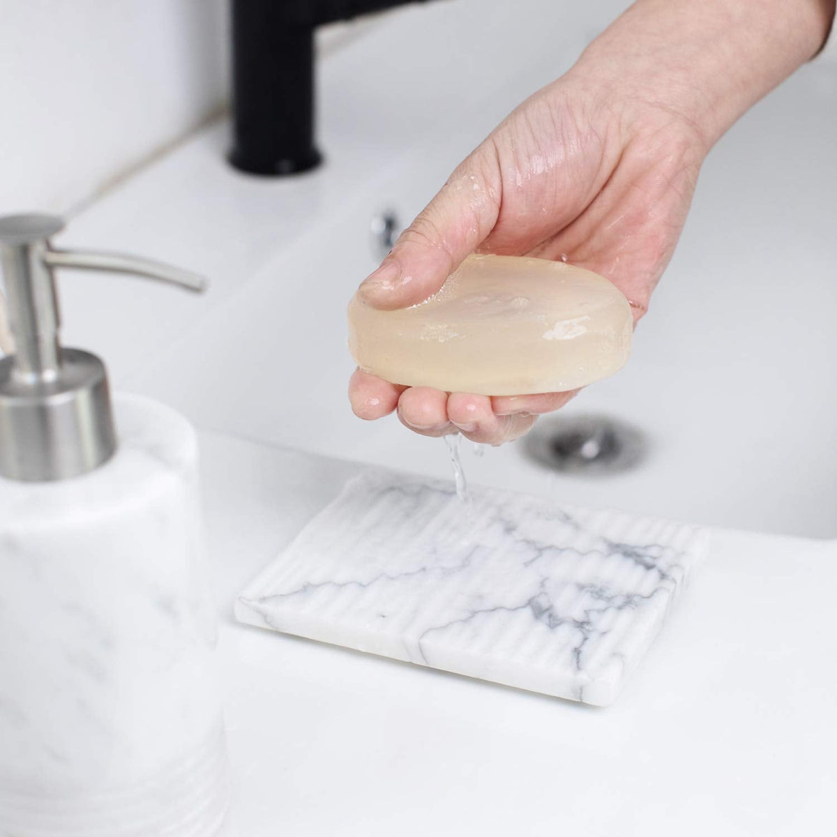 JIMEI White Marble Soap Dish Holder Jewelry Ring Tray Sink Dish Sponge Holder for Bathroom Shower, and Kitchen