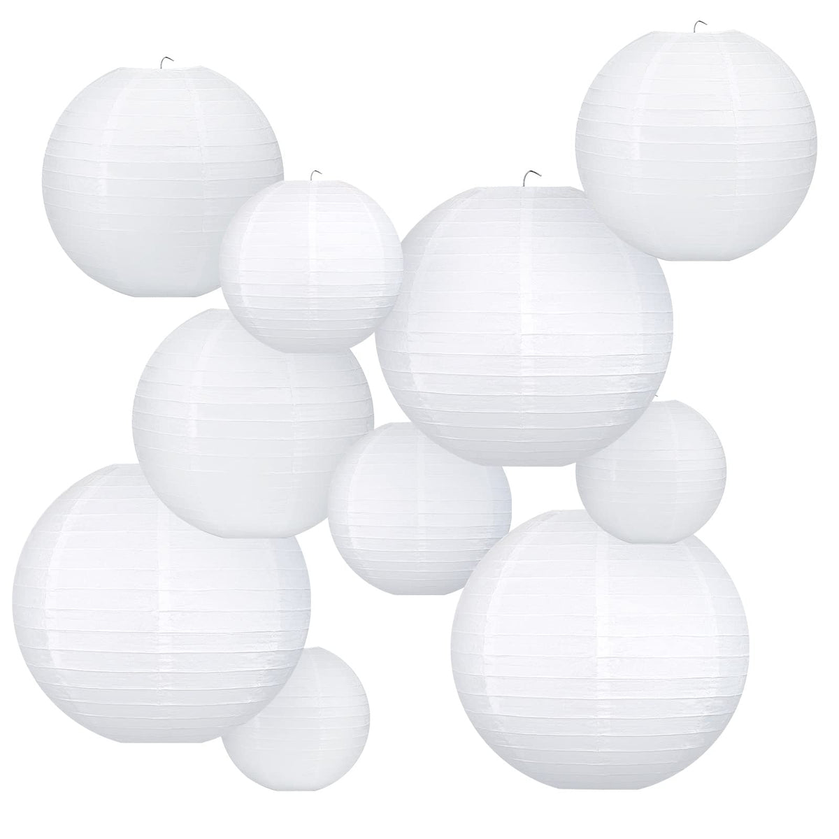 White Hanging Paper Lanterns, Round Chinese Paper Lanterns, Party Wedding Anniversary Decorations, 4 Size - 10 Pieces