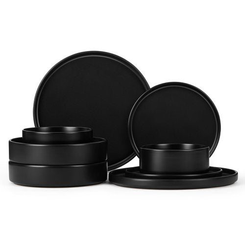 Herogo Dinnerware Sets with Pasta Bowls for 2, 8 Piece Dinner Salad Plates and Cereal Bowls, Stoneware Serving Dishes Dinner Ware for Home Kitchen, Dishwasher & Microwave Safe Dishware, Matte Black
