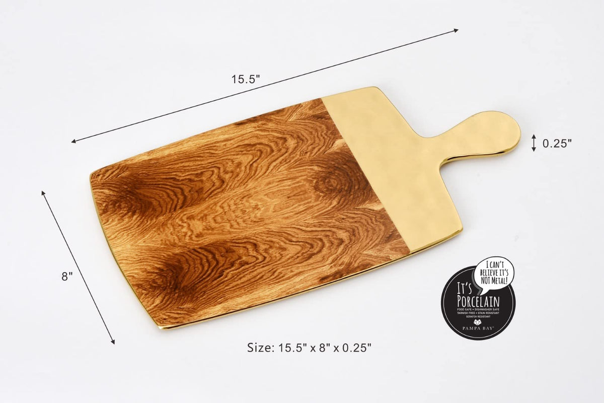 Pampa Bay Wood Look Titanium-Plated Porcelain Rectangular Serving Board, 15.5 x 8 Inch, Gold/White/Wood look