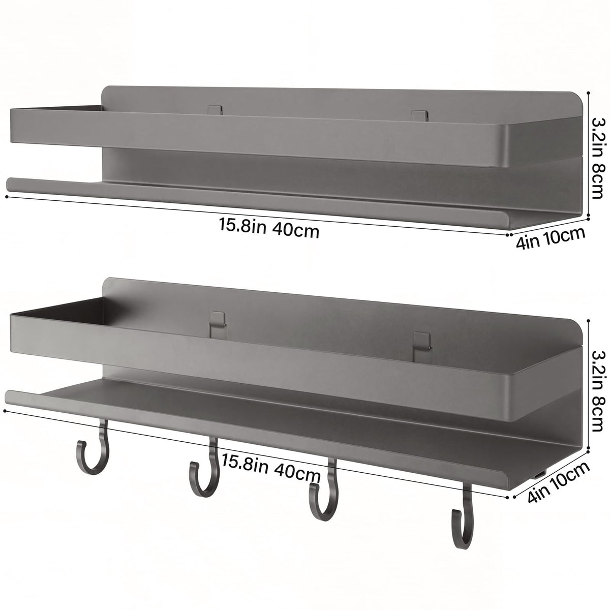 TIMBERHIDE 2-Pack Wall Mount Spice Rack,Easy to Install on the anywhere,Carbon Steel Kitchen Organizer with Hooks for Oil Salt Seasonings&Bathroom Toiletries,Grey