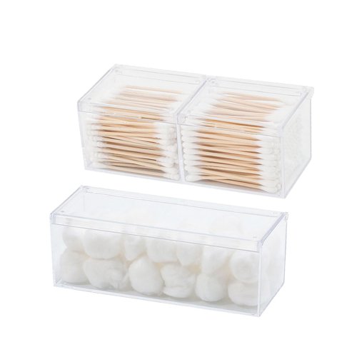 GOXITAX 2 Pack Qtip Holder Dispenser with Lid , Plastic Bathroom Vanity Canister for Counter, Drawer and Cabinet Use, Cotton Balls, Makeup Pads, Floss Picks, Clear Desk Container