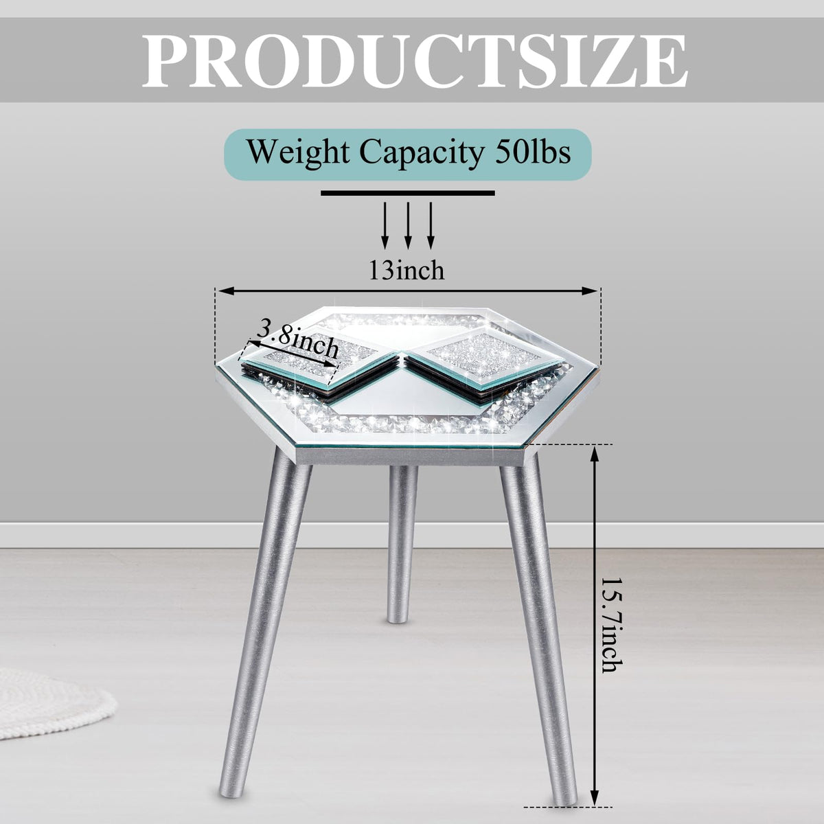 Weysat 3 Pcs Mirrored End Table with Glass Coaster Modern Silver Accent Table Bling Mirror Side Desk Crushed Crystal Coasters Crushed Diamond Cup Mat for Living Room Kitchen (Hexagonal)