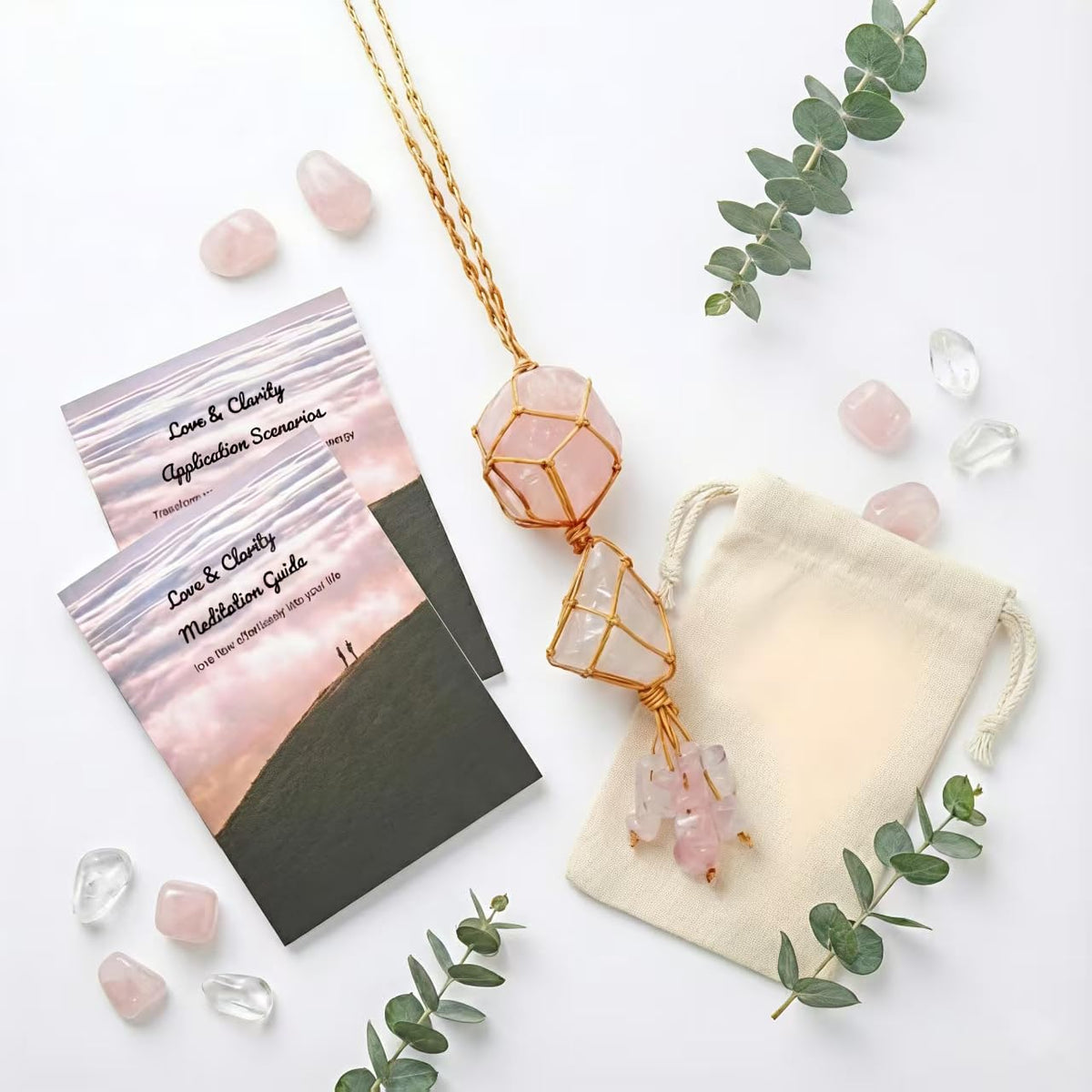 Raw Rose Quartz Car Diffuser Hanging Ornament | Natural Crystal Aromatherapy Charm for Rear View Mirror, Boho Essential Oil Diffuser for Yoga & Home Decor, Spiritual Gift Set for Women