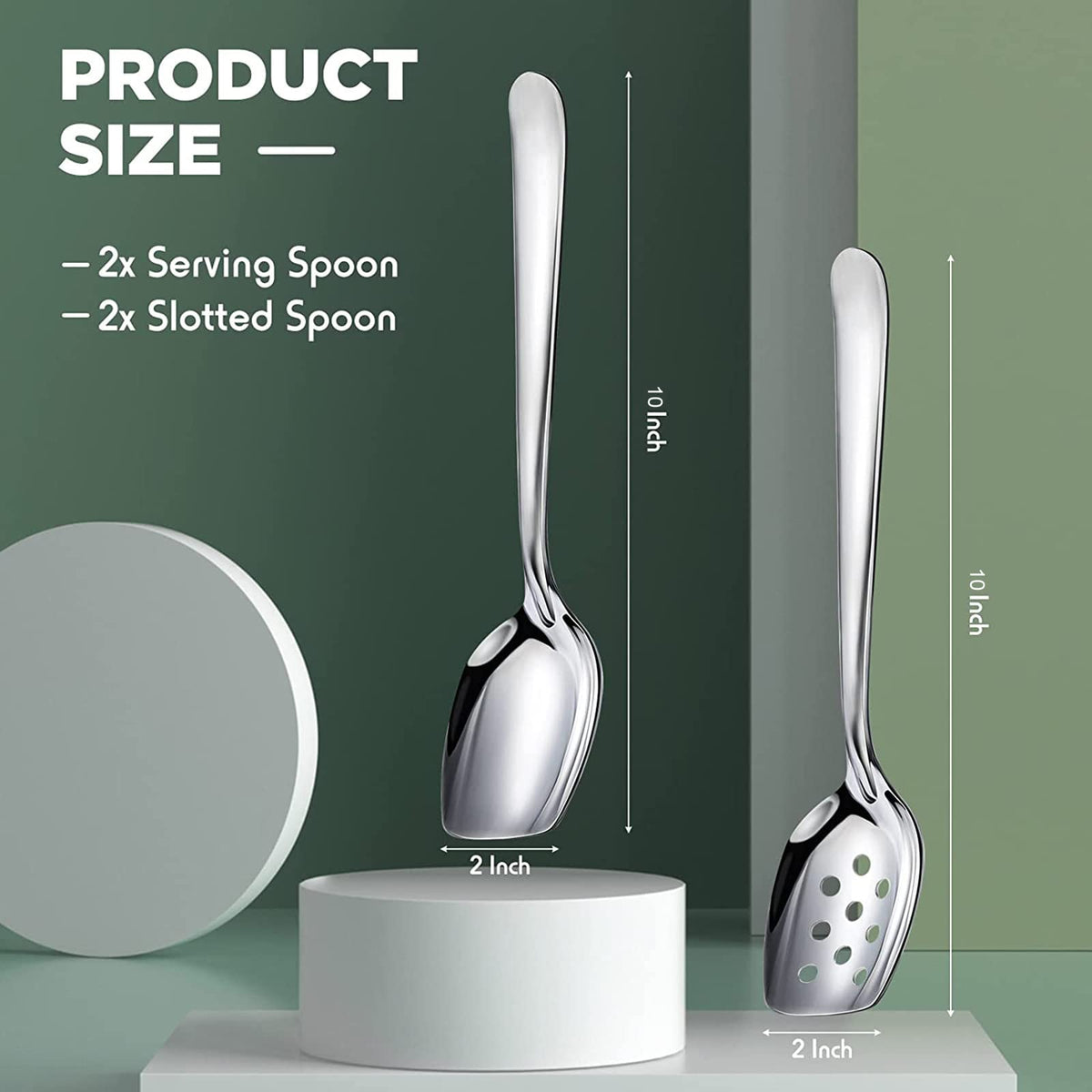 4 Pack Large Serving Spoons Flat Bottom Cooking Slotted Spoon Stainless Steel for Cooking Kitchen Parties Buffet Utensils Dishwasher Safe,2 Styles 10 Inch Silvery