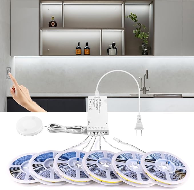 AIMENGTE Cabinet Light 12V COB LED Strip Lights, 6-in-1 Penetrable Touch Dimming