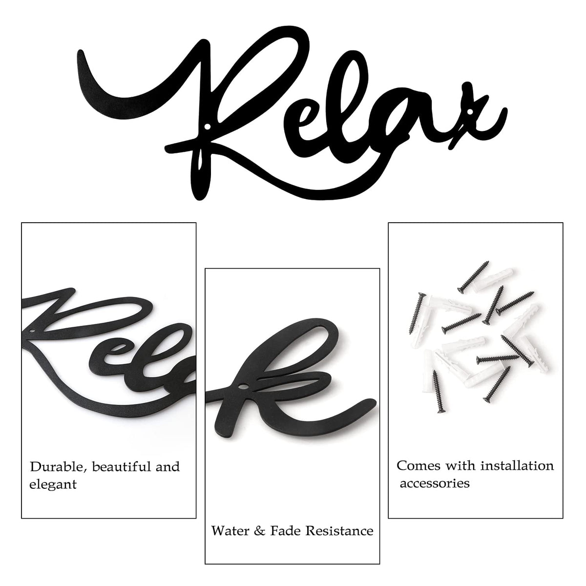 Larber 4 Pieces Bathroom Wall Decors Metal Relax Soak Unwind Breathe Wall Art Metal Bathroom Sign Hanging Black Bathroom Decor for Living Room Laundry Bathroom Spa Washroom Decorations, Black