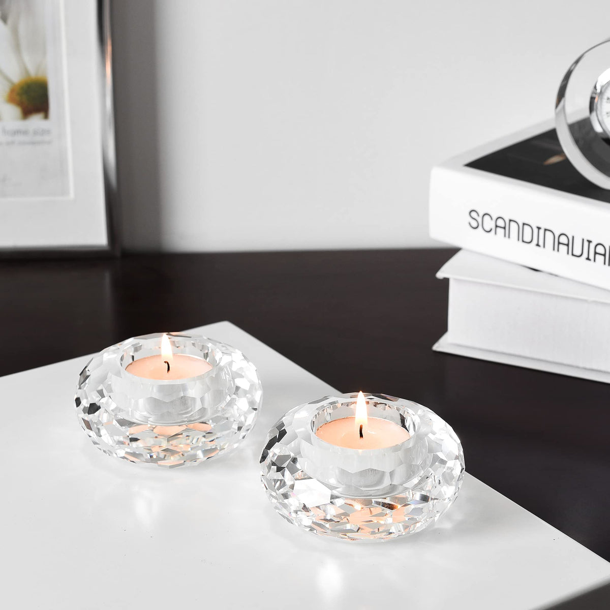 Kitcom Crystal Tealight Candle Holders Pack of 2, Hand-Cut Candle Holder Home Decor for Wedding Banquet Dinner 3.2" Diameter x 1.6" High, Clear