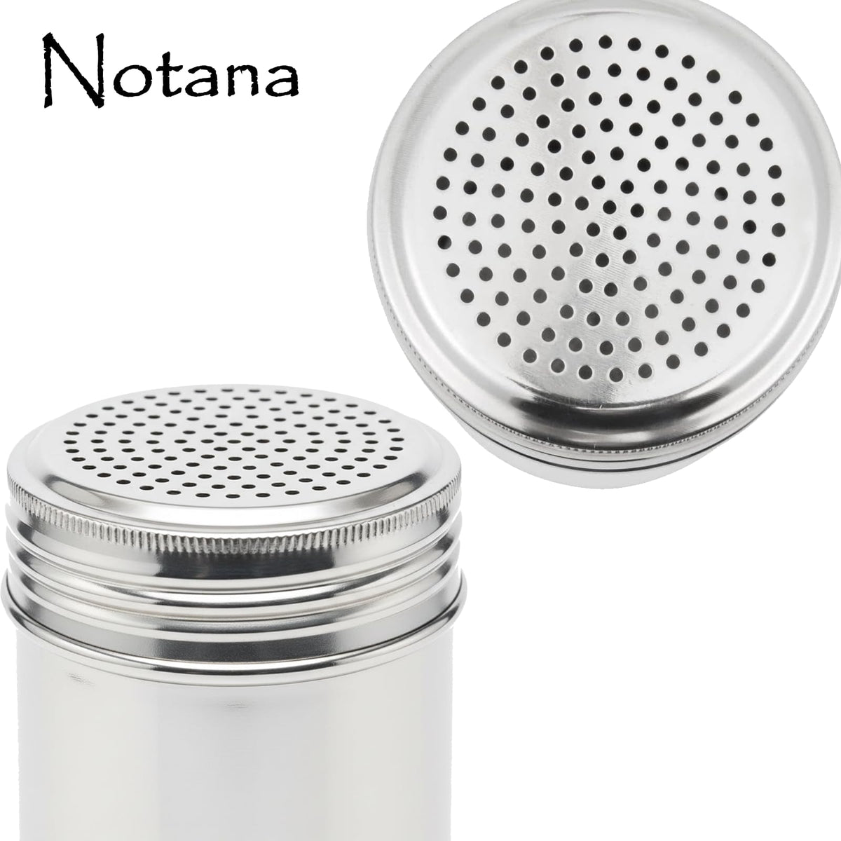 Notana 10 Ounce Stainless Steel Dredge Shaker (2 Pack) for Powder Sugar, Flour Duster for Baking, Seasoning Shaker with Lid, Metal Salt and Pepper Shakers, Cinnamon Sugar Shaker Dispenser for Kitchen