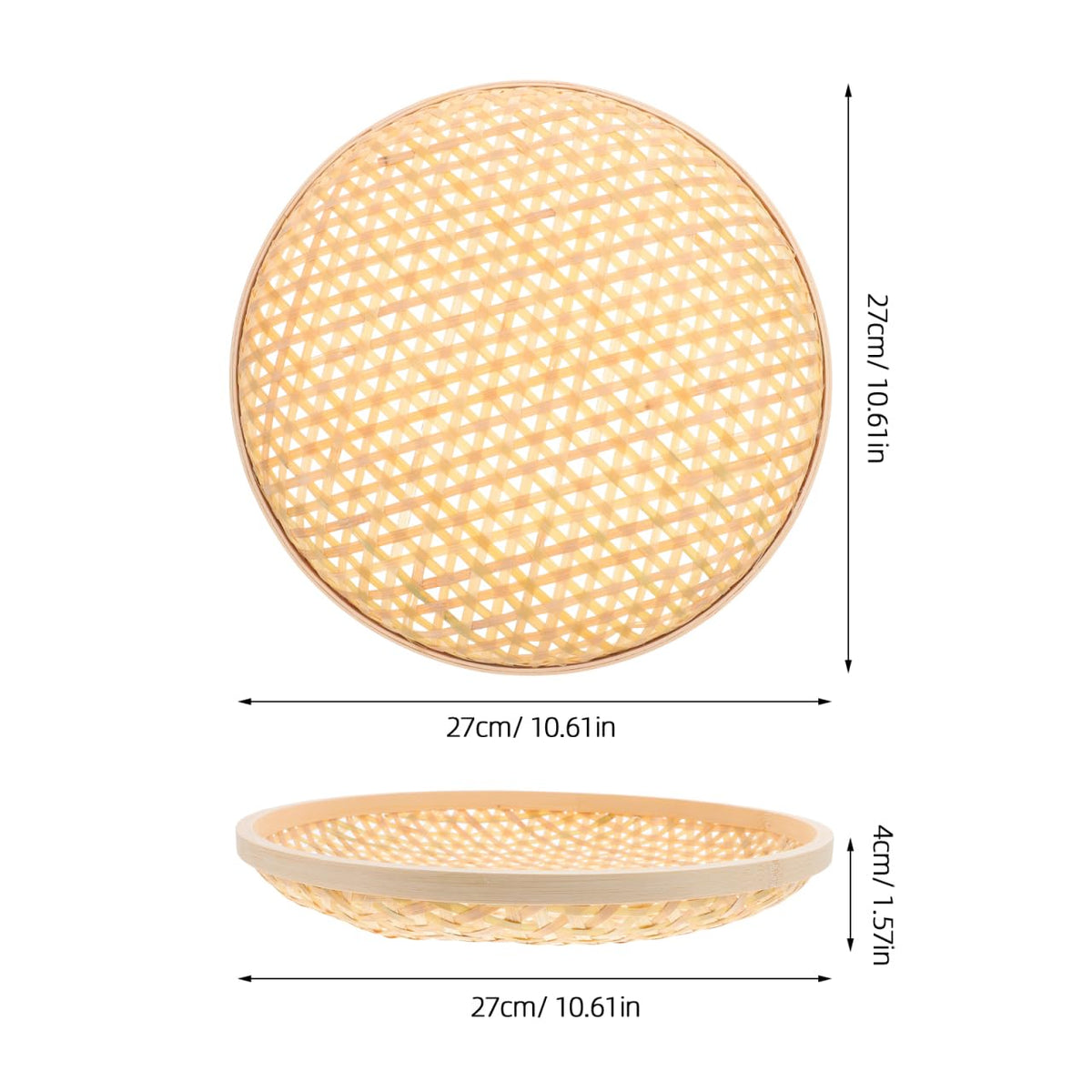 Kichvoe Bamboo Woven Serving Basket Tray 10.6 Inch Lightweight Flat Tray for Bread Snacks Fruit Storage and Home Picnic Party Use