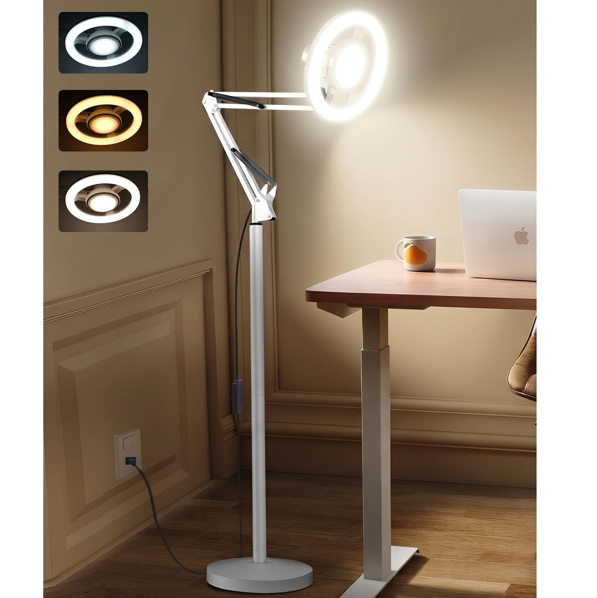 Arsoer 36W Floor Lamp with Flexible Arm, 3 Colors Ring Light with Heavy-Duty Base & Remote, Standing Lamp for Living Room/Workspace/Tattoo/Live Streaming/TikTok/YouTube/Photography