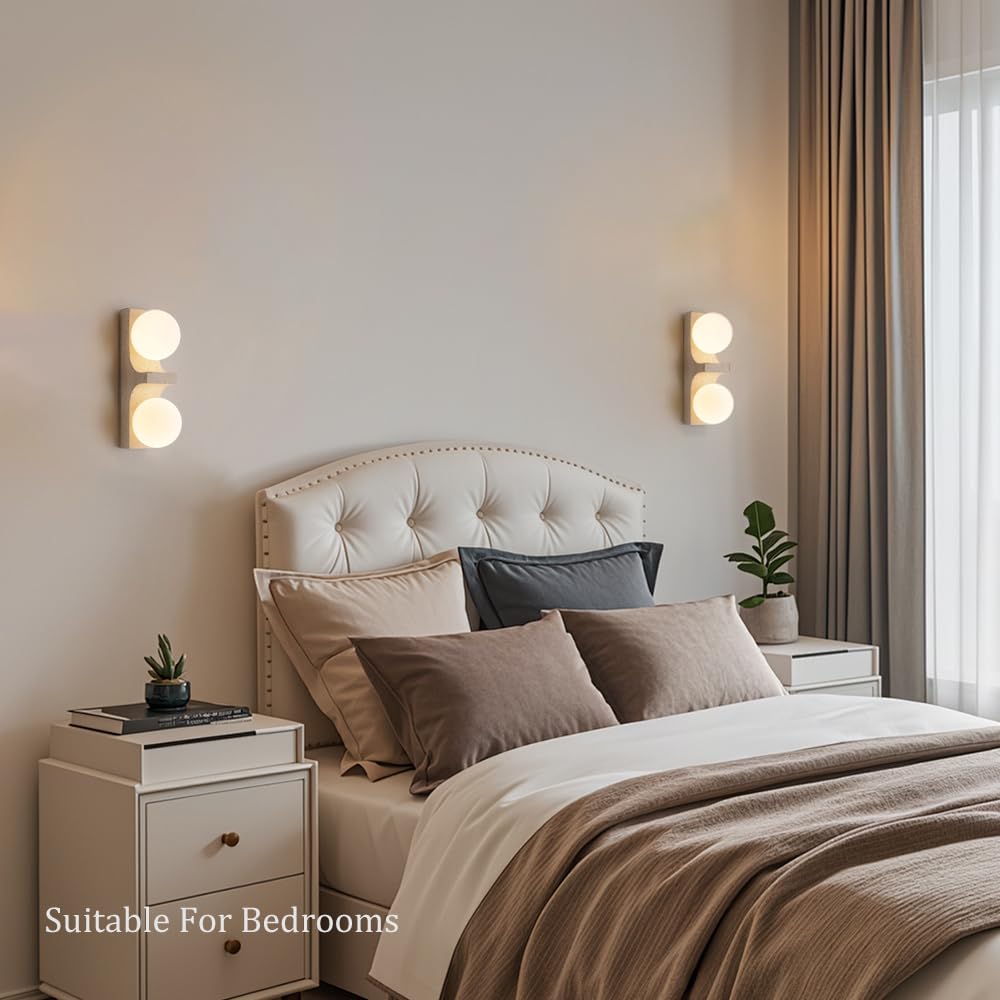 OROILUPU Yellow Travertine Wall Sconce, 9.1" Wabi Sabi Wall Sconces with Double White Spherical Lampshade and Travertine Stone Base, Modern Natural Stone Wall Light for Bedroom Living Room Kitchen