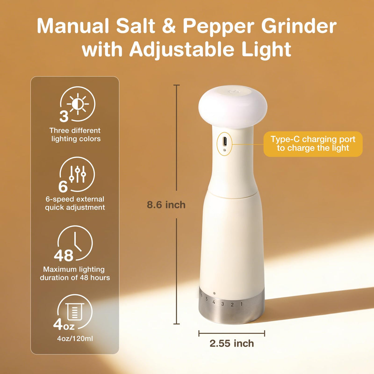 Vucchini Manual Pepper Grinder with Ambient Light 6-level Setting External Adjustable Coarseness Ceramic Salt Grinder Spice Mill for Table,Kitchen,Restaurant,Party,Candlelight Dinner