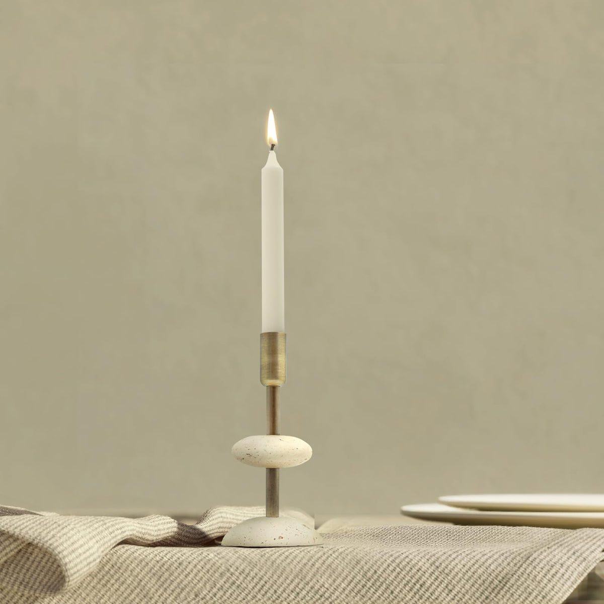 NEXOTIQUE Travertine Brass Candlestick Holders, Marble Taper Candle Holder for Dining Table Décor, Decorative Centerpiece Candle Stick Holders for Mantle Décor Wedding Housewarming Gift 7.7''