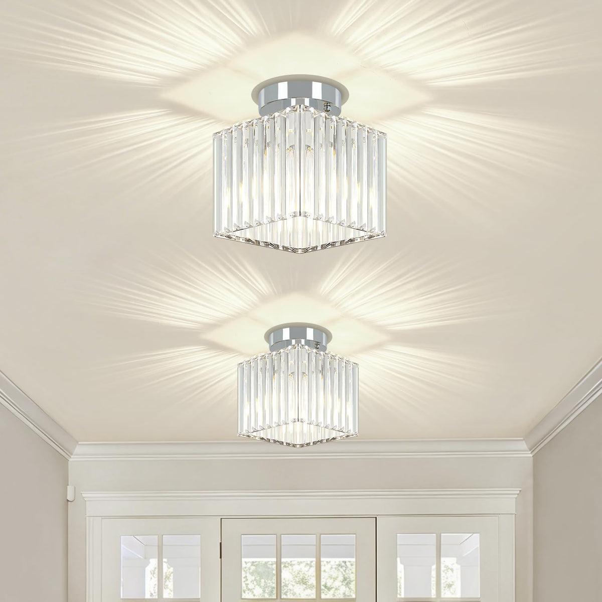 GZBEINI 2-Pack Modern Crystal Semi Flush Mount Ceiling Light, Mini Square Chrome Hallway Light Fixtures Close to Ceiling Lights for Entryway Bathroom Bedroom Kitchen Dining Room Laundry, 7.24Inch