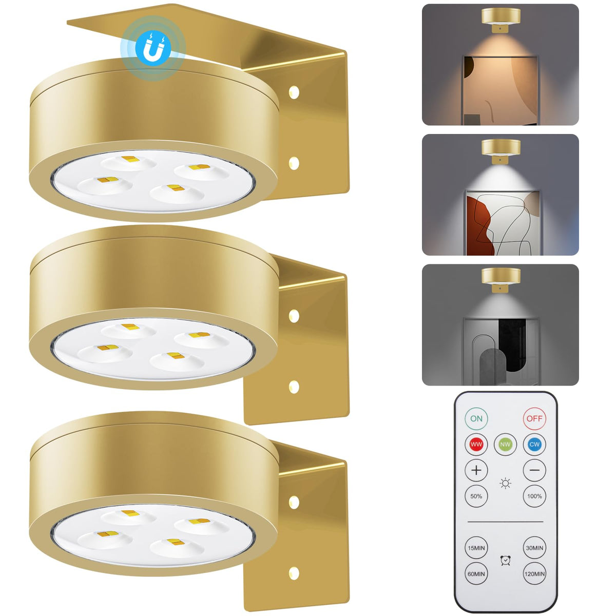SIXDEFLY Picture Lights for Wall, 3 Lighting Modes Magnetic Art Display Light,Battery Operated Led Painting Light with Remote Control Dimmable & Timer,3Pack Gold