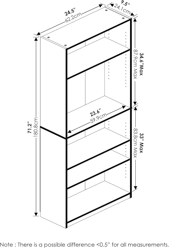 Furinno Jaya Book Shelf, 5-Tier Bookshelf, Tall Standing Bookcase