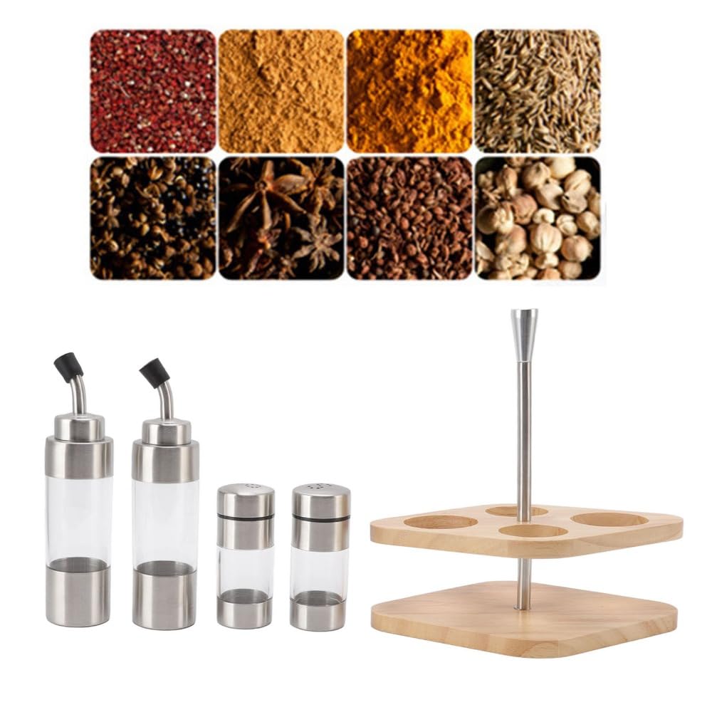 150ml Seasoning Bottle Set – Stainless Steel & Acrylic Spice Containers with Wooden Rack for Kitchen, Oil & Vinegar Dispensers, Leak-Proof Design