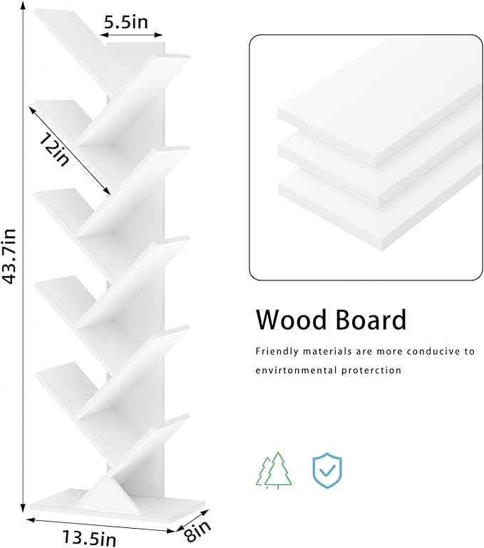 SHEEPAM 10 Tier Tree Book Shelf, Floor Standing Wood Bookshelf