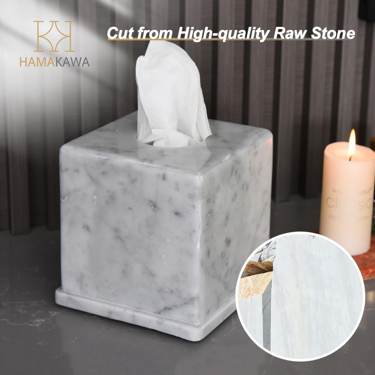 HAMAKAWA Natural Marble Tissue Box Cover, Carrara White Tissue Organizer 6 x 6 x 5.7 inch, Heavy Stone Decorative Box, Square Tissue Box Holder for Home Decor, Kitchen, Bathroom, Bedroom