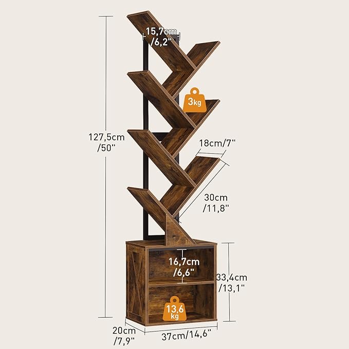 RALGEND Tree Bookshelf, 6 Tier Bookcase