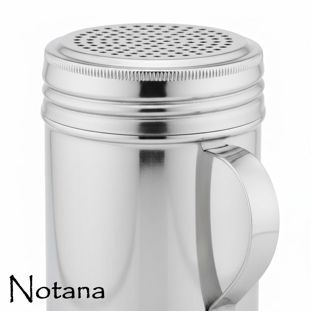 Notana Stainless Steel 10 Ounce Dredge Shakers with Handle for Powder Sugar, Flour Duster for Baking, Seasoning Shaker, Salt and Pepper Shakers, Cinnamon Sugar Dispenser for Kitchen (2-PACK)
