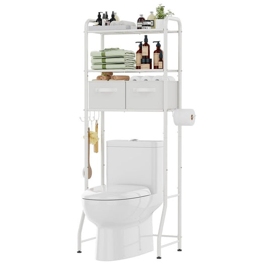 Simple Trending Over The Toilet Storage Rack with Drawers, Metal 3 Tier Bathroom Organizer Shelf with Paper Holder and 3 Hooks, White