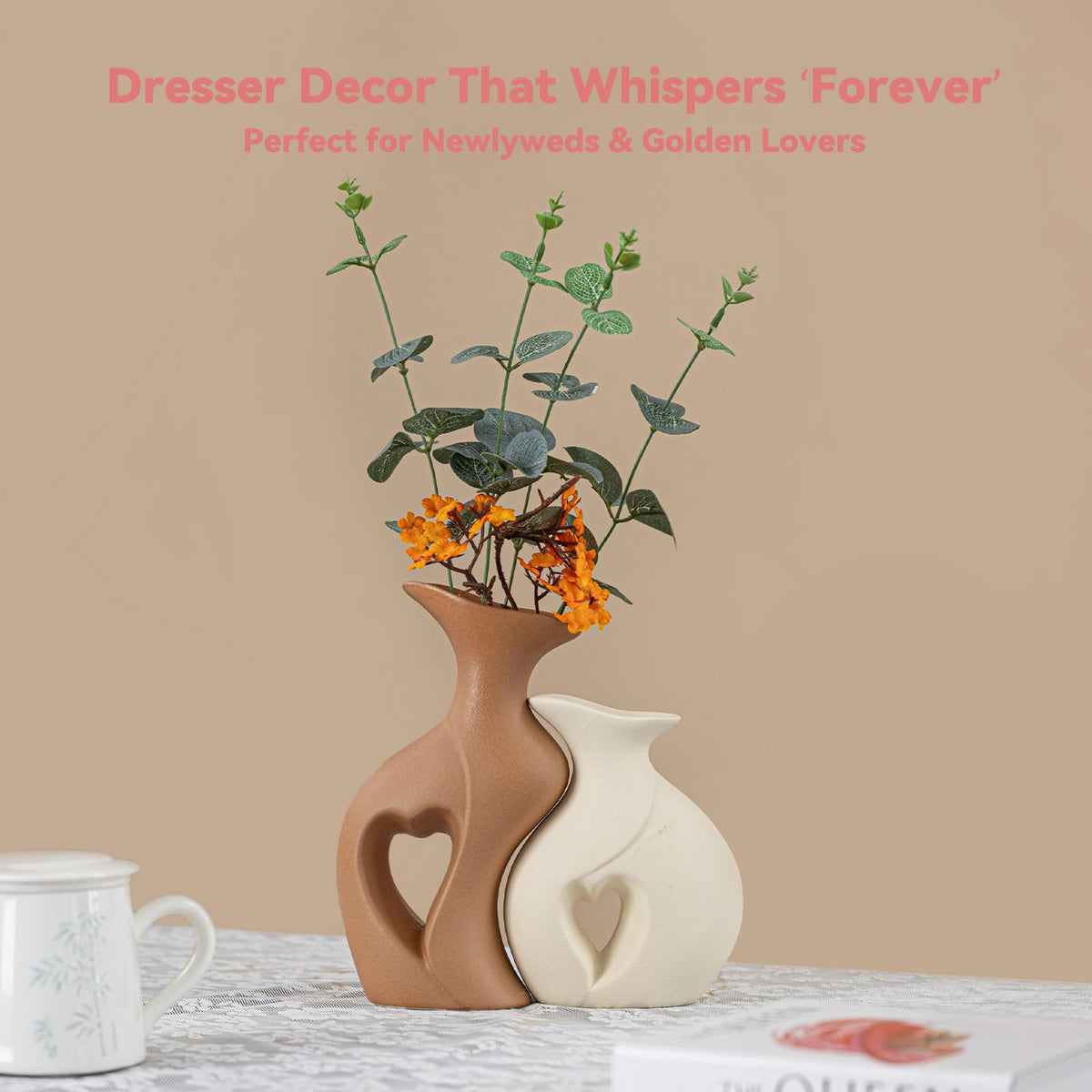 Heart Linked Couple Vase Set - 2-Pcs Beige & Brown Ceramic Vases with Hollow Heart Design, Romantic Gifts for Couples, Wedding Decor for Couple,Decorative Vase for Living Room/Dresser