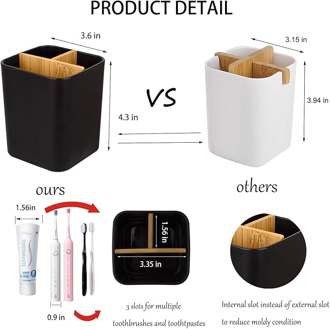 Bamboo Toothbrush Holder for Bathrooms, 3 Slots Toothbrush and Toothpaste