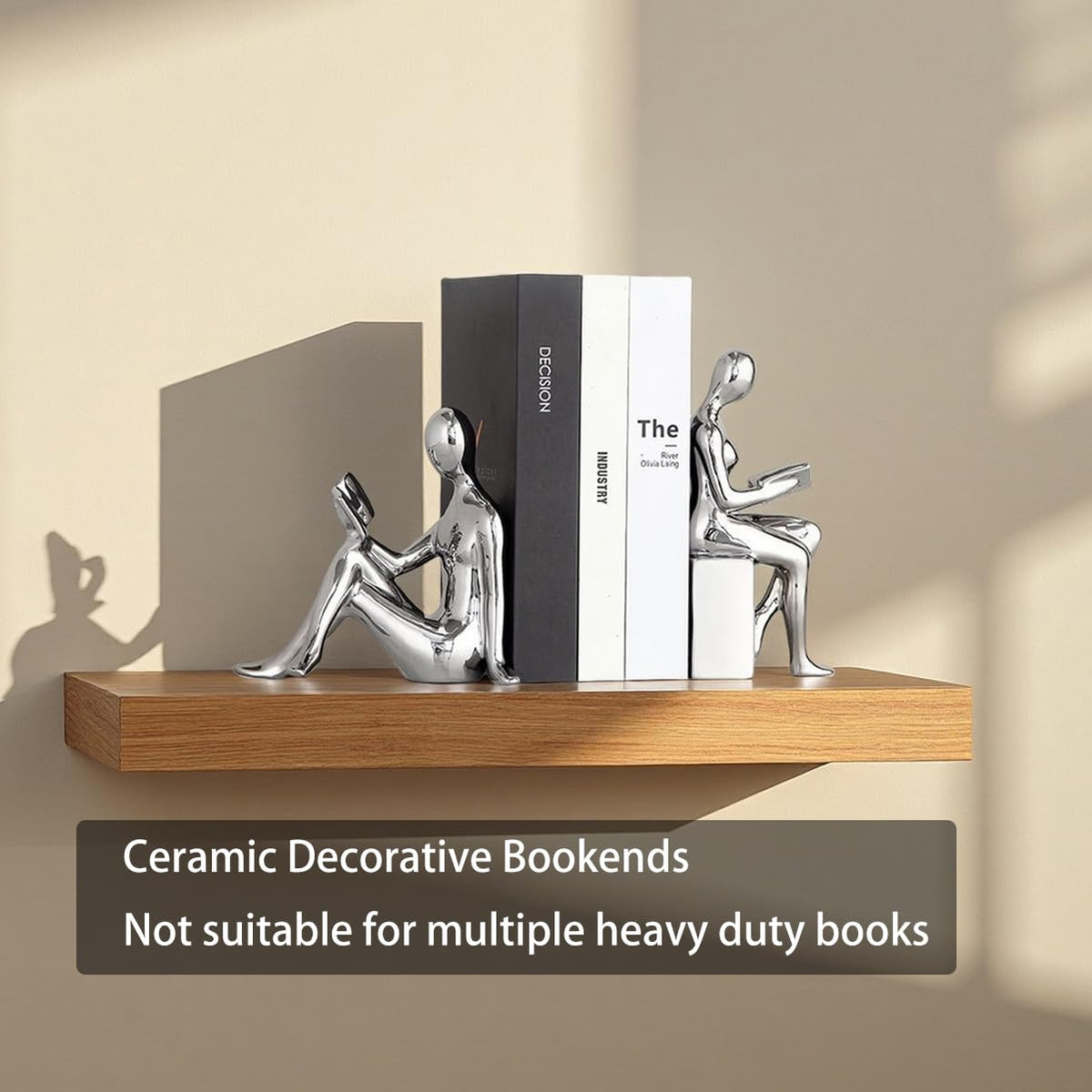 Decorative Bookends, Ceramic Book Ends for Shelves, Home Office Decor Aesthetic Book Stopper Reading Book Holders Statues for Bookshelf Bedroom Living Room Decoration (Silver)