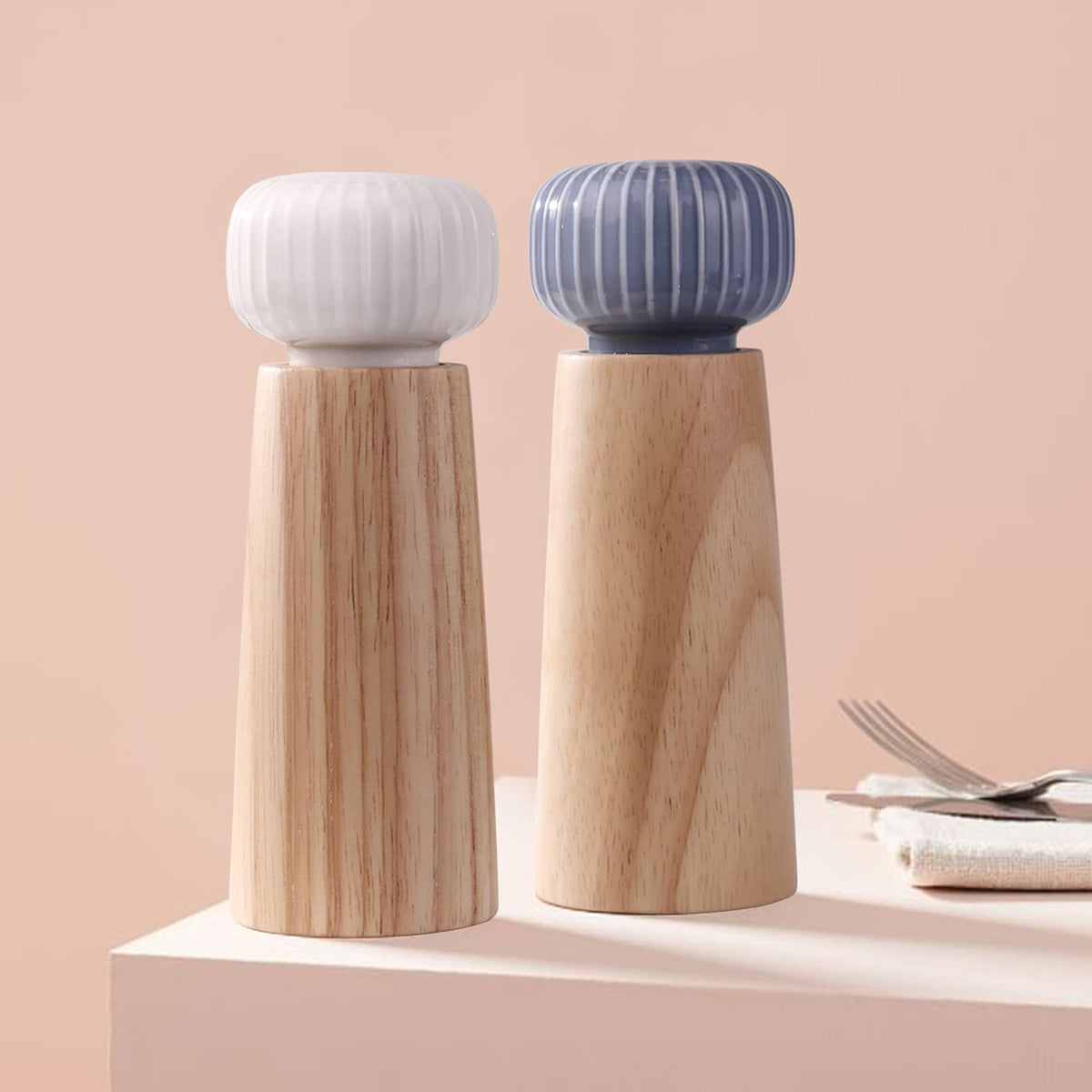 HAIPUSEN Wood and Ceramic Pepper Grinder Set - Salt and Pepper Mill Spice Mill with Adjustable Coarseness, 7 inches (Without Tray)