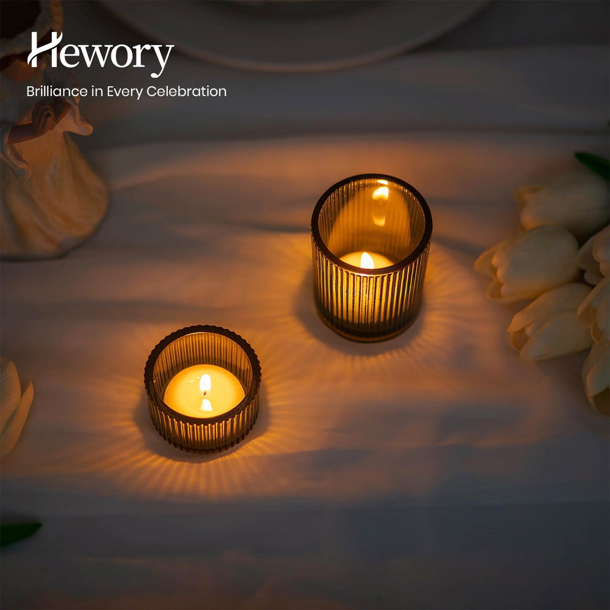Hewory Glass Tealight Candle Holder: 24 Pcs Dark Green Votive Tea Lights Candle Holder, Ribbed Tea Light Holders Fall Decorations for Thanksgiving Table Centerpiece Wedding Party Home Decor