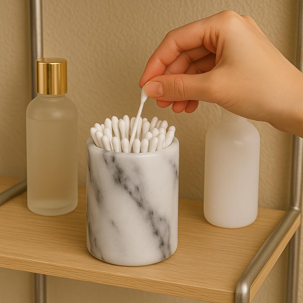 Luxury Hand-Carved Natural Marble Toothbrush & Makeup Brush Holder – Heavy-Duty Taiwan Yushan Stone for Bathroom, Vanity, Office & Desk Organizer (3.3” x 4.5”, Off-White)