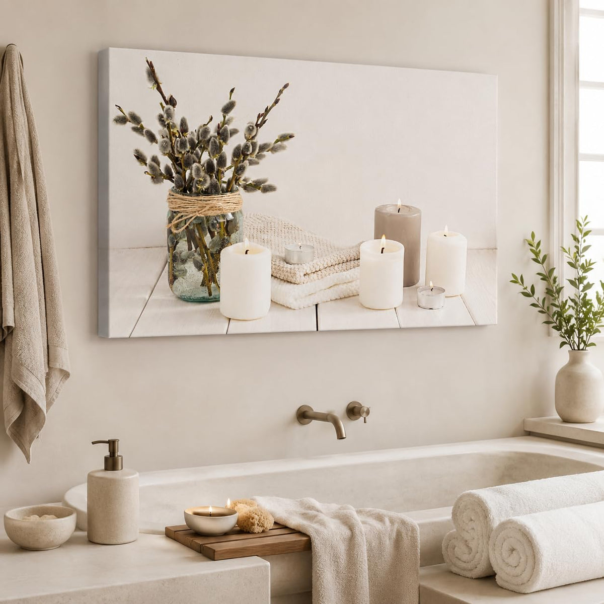 Zen Wall Art Decor - Modern Bathroom & Relaxing Canvas Wall Art for Spa, Home & Office - White Candle & Plant Art Prints - 12x18 Inches