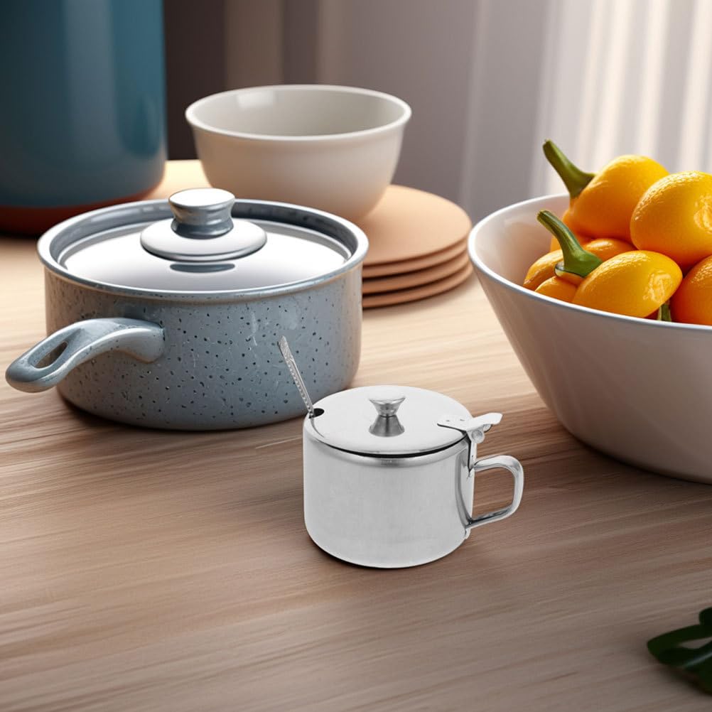 DEARMAMY Stainless Steel Sugar Bowls Set with Lid and Spoon 3-Piece Multipurpose Kitchen Countertop Containers for Sugar Salt Pepper Spices 3.93X3.14X2.67 Inch