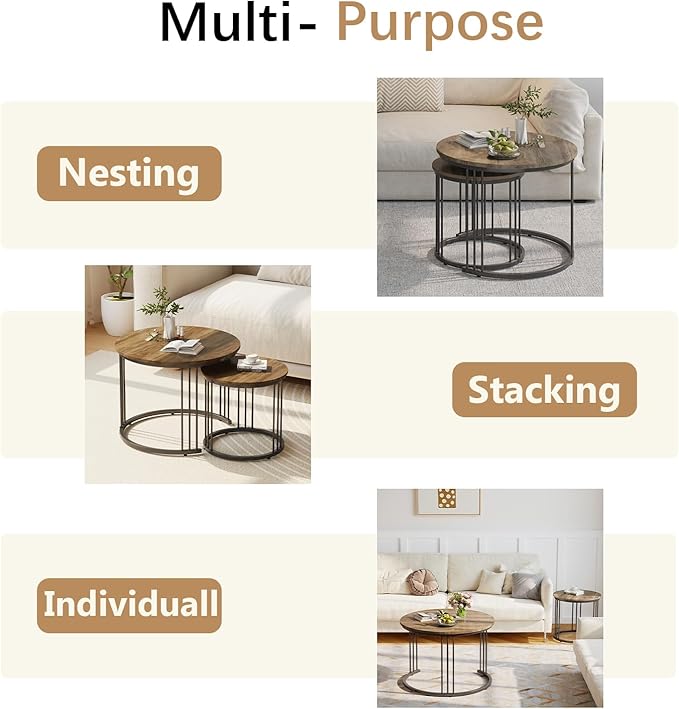 Garden 4 you Nesting Coffee Table, 23.6" Round Coffee Table Set of 2, Wooden