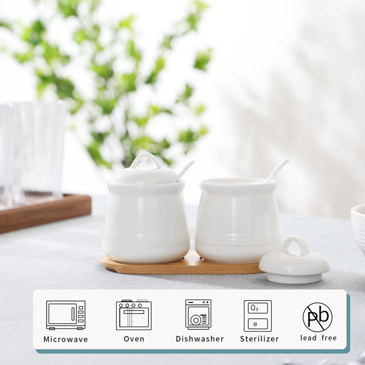 HAOTOP Ceramic Sugar Bowl 2 Pack, PorcelainJar with Tray, Spoon and Lid for Sugar, Pepper, Coffee, Spice, Salt, 12 Ounces (White)