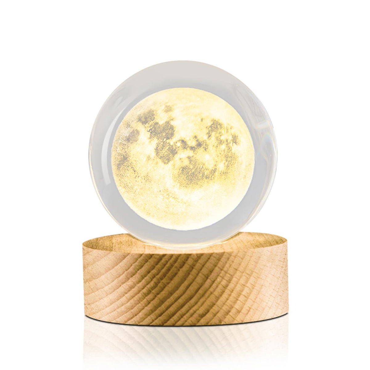 Flexzion 3D Moon Crystal Ball Night Light - LED Light Hologram Glass Lamp with Solid Wood Base, USB Powered Crystal Ball Lamp with Adjustable Brightness for Home Decor Display Gift, 2.4inch(60mm)