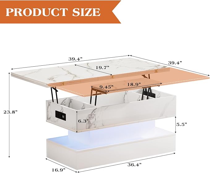 SYESWAY 39.4” Modern High Gloss Marble Lift Top Coffee Table