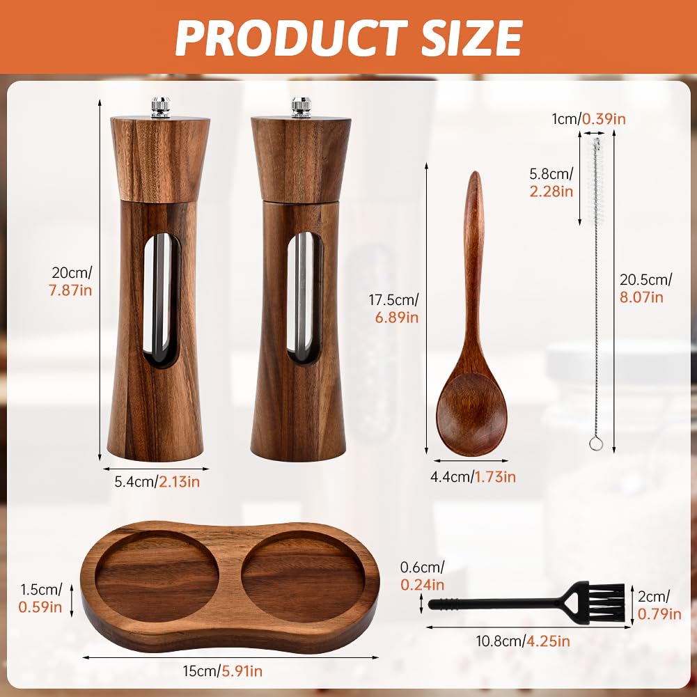 2Pack Wooden Salt and Pepper Grinder Set, 8-Inch Refillable Manual Salt and Pepper Mills with Clear View Window, Wood Shakers with Ceramic Grinder & Wooden Stand, Adjustable Coarseness