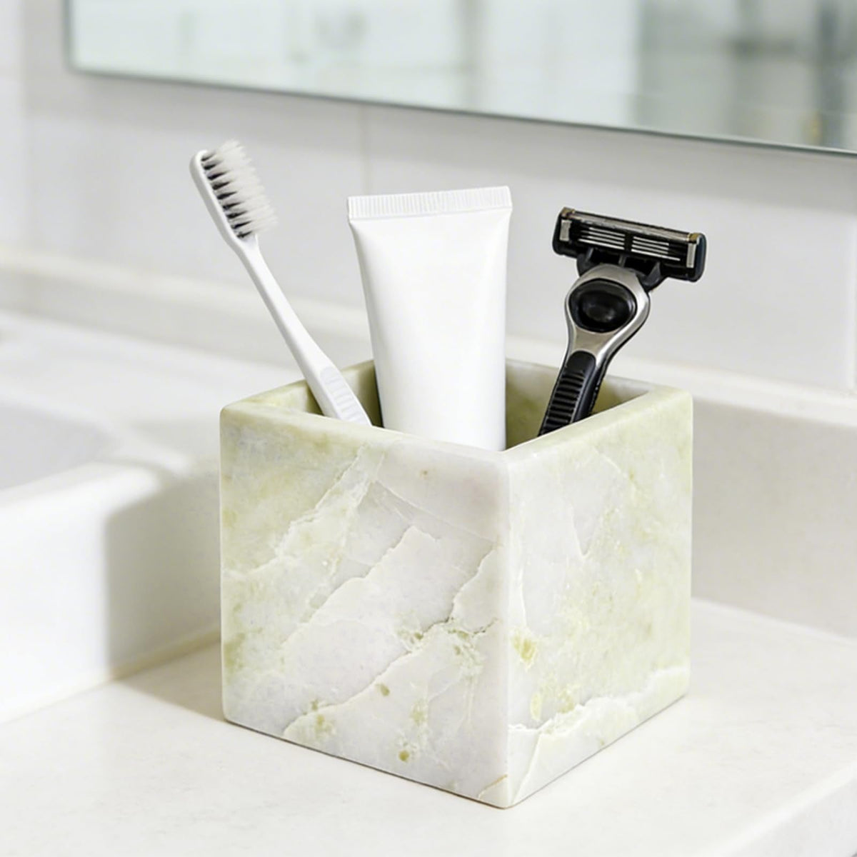 Natural Marble Makeup Brush Holder for Vanity, Toothbrush Holder for Bathroom, Luxurious Countertop Organizer, Green Bathroom Accessories Square