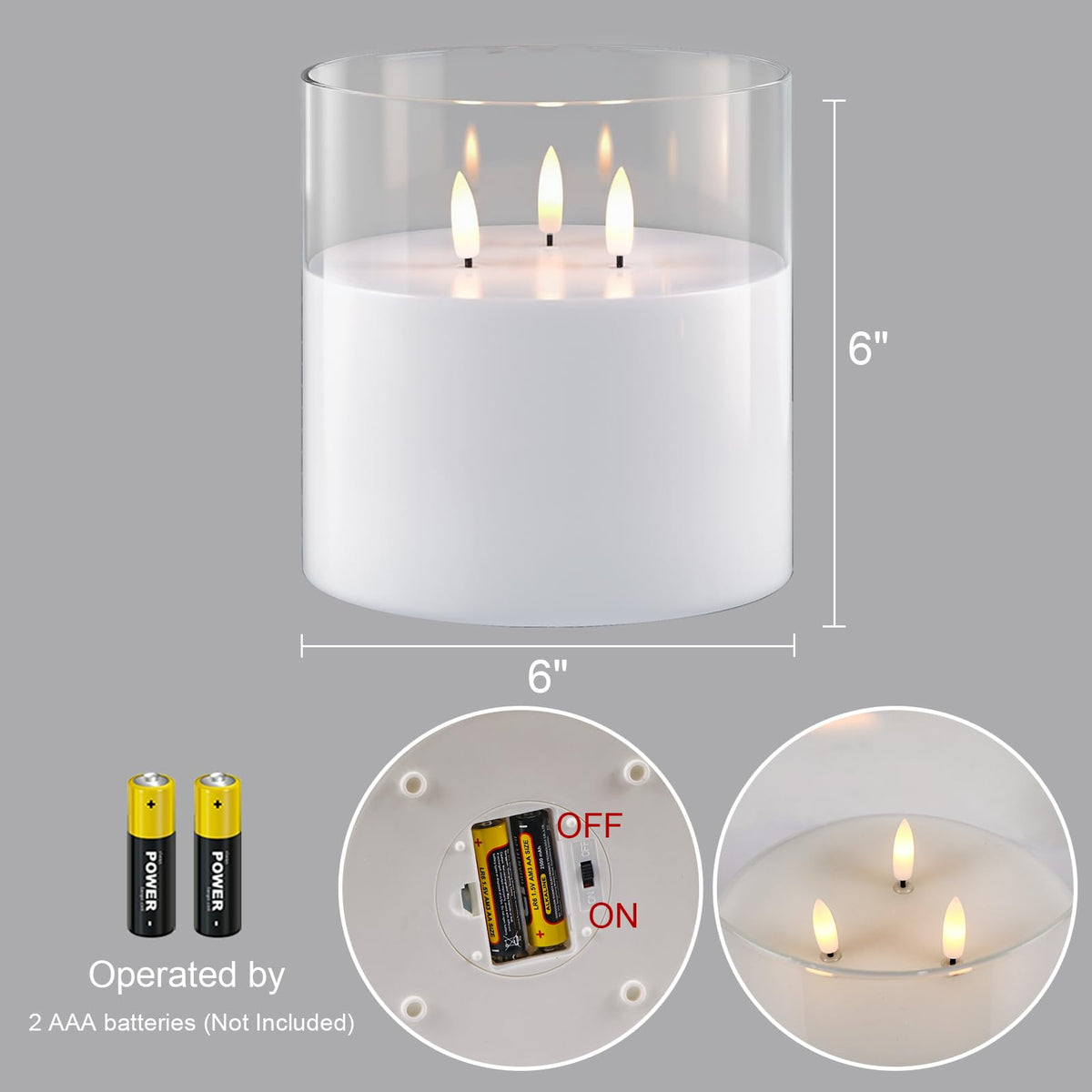 GenSwin Glass Flameless Candles Flickering with 3 Wicks and Remote Timer, 1 Pcs Clear LED Candles Battery Operated, Large Glass Candle for Halloween Christmas Home Decor(D6” x H6”)
