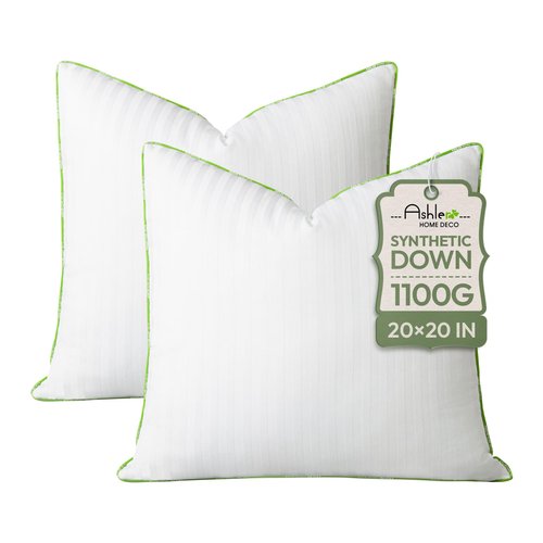 Ashler Home Deco Synthetic Down Pillow Inserts, 20x20 Down Alternative Throw Pillows Insert Sleeping Pillows with 100% Cotton Cover Decorative Pillow Stuffer for Sofa, Couch Bed(Set of 2, White)