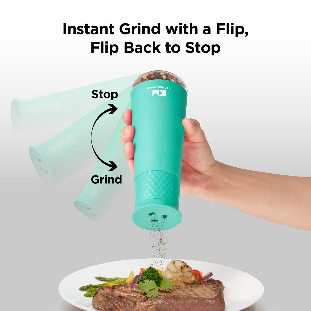 Kitchen Mama FlipTastic Rechargeable Salt and Pepper Grinder – Gravity Electric Grinder, Pepper Mill, Adjustable Coarseness, One-Hand Operation, Refillable Salt and Pepper Mill for Kitchen (Teal)