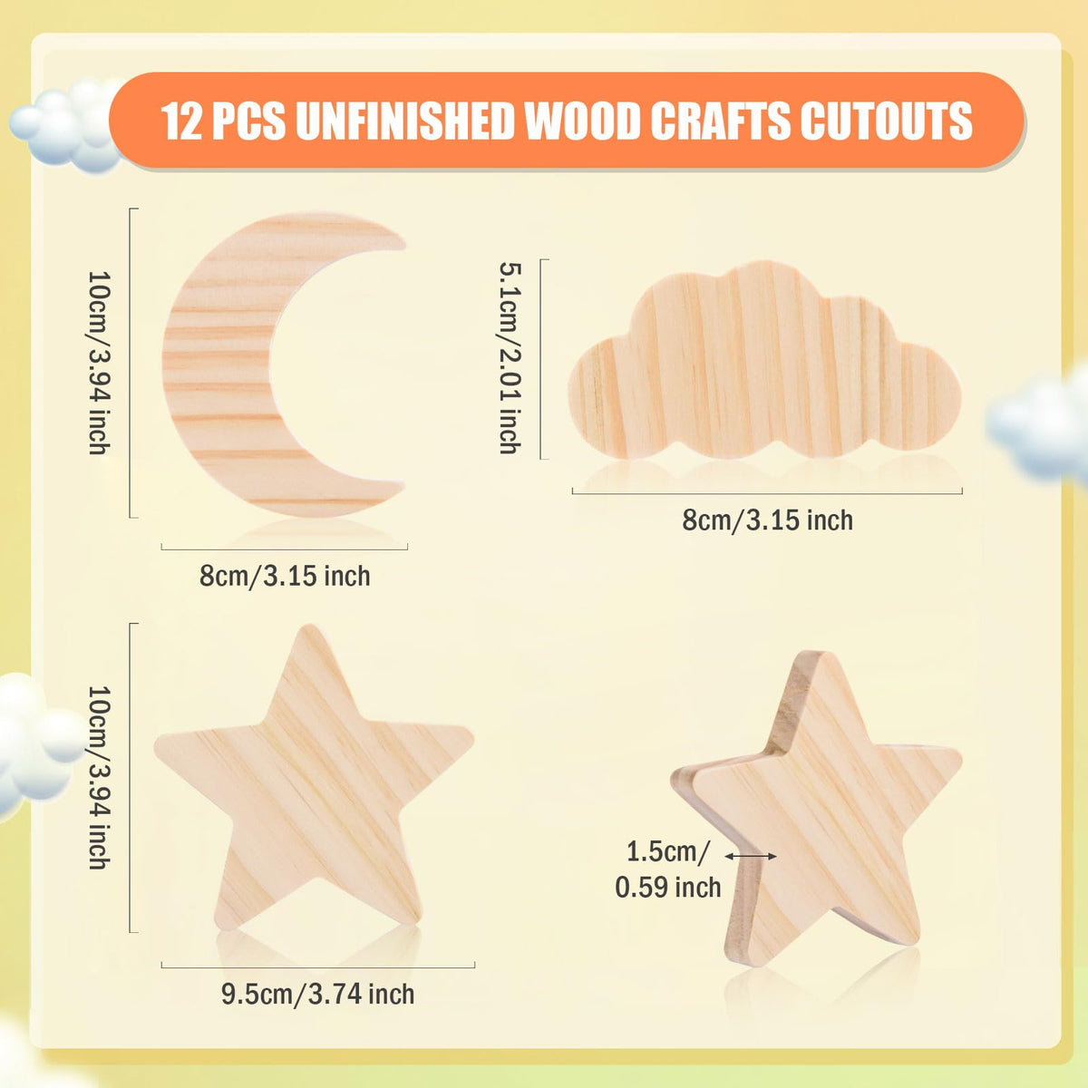 AWIZOM 12 Pcs Wooden Moon Star and Cloud Cutouts Unfinished Table Sign Blank Wood Blocks to Paint Pine Wood Table Centerpieces for DIY Crafts Back to School Boho Home Tiered Tray Decoration,3.94 Inch