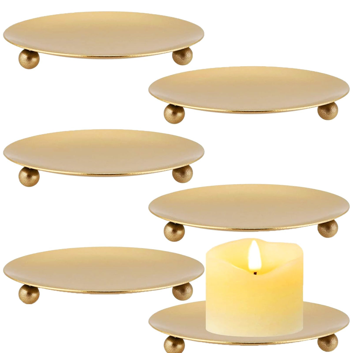 KEILEOHO 6 Pack Gold Candle Holders, 4.5 Inch Gold Iron Plate Candle Holder, Decorative Pillar Candle Plate Stand for Wedding Christmas Pillar Candles, Incense Cones, Wax Candles