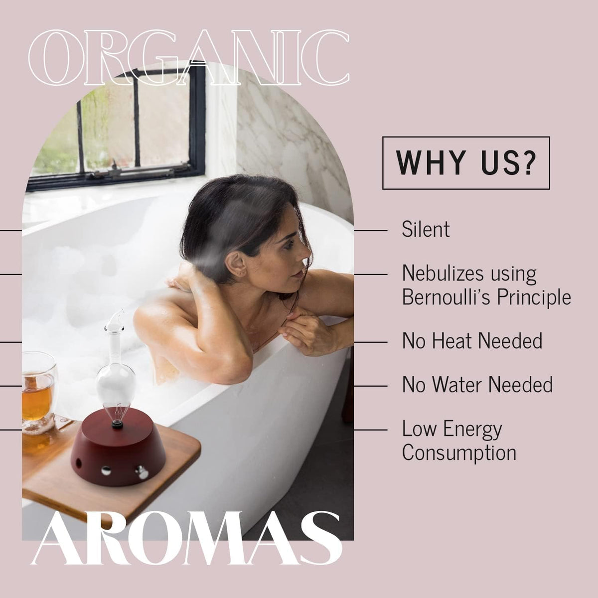 Organic Aromas Elegance Aromatherapy Diffuser for Essential Oil, Waterless Glass Nebulizer w/Auto-Off Switch, BPA Free - Lightwood